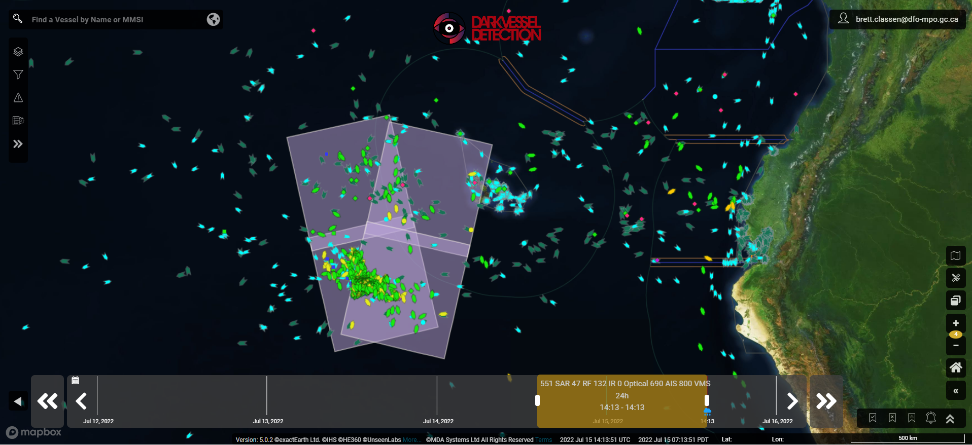 Dark Vessel Detection Platform monitoring the Ecuador region. © Fisheries and Ocean Canada, Conservation and Protection International Enforcement Team