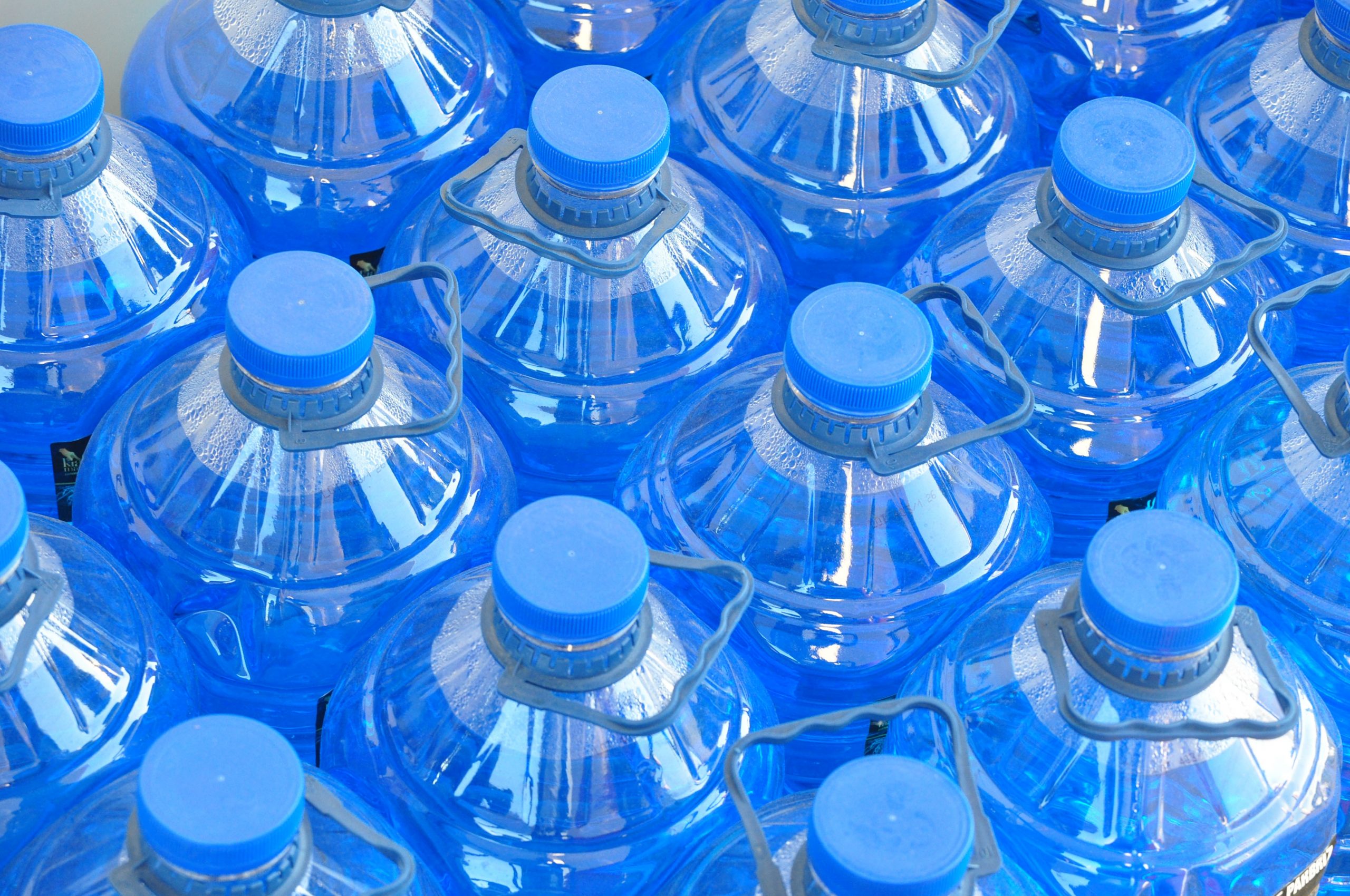 Blue plastic water bottles